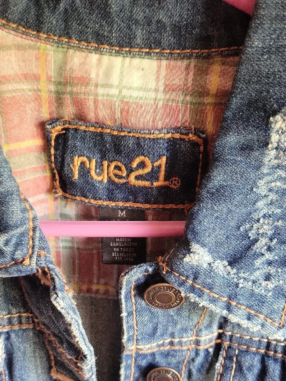 Rue21 Blue Distressed Cropped Denim Jacket with Black Tassel Hem - Picture 2 of 5